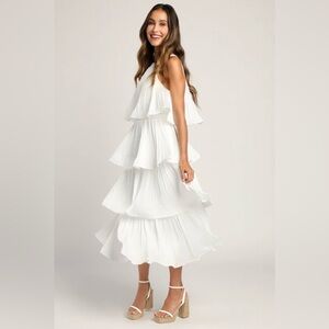 Lulu’s White Tiered Pleated Halter Midi Dress